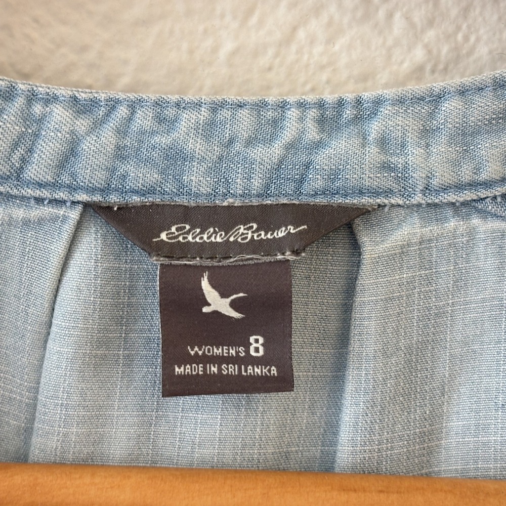 Eddie Bauer Chambray Shift Dress Womens 8 Blue Sleeveless Embroidered Preppy - Picture 5 of 12